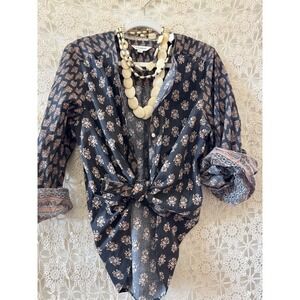 Lucky Brand Boho Block Print Long Sleeve Peasant Top Sz M